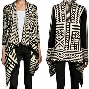 Bar III Geometric Drape Knit Cardigan Size M Open Front Black Ivory Aztec Tribal